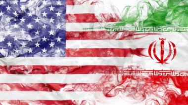 Beyaz arka planda dumanlı Amerikan bayrağı ve İran bayrağı. Dünya çatışması, savaş ve gümrük görevleri kavramı. Amerika, İran 'a karşı metaforu. Savaş rüzgarları.