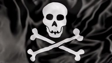 3D korsan bayrağı sallayarak, beyaz kafatası ve kemiklerin siyah arka plan üzerine