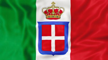 İtalya Krallığı 'nın tarihi bayrağı (1861-1946) kırmızı üzerine beyaz haçla taç ve kalkanın yer aldığı ve ulusun tarihini ve kimliğini temsil eden bayrak. Sardunya Krallığı Bayrağı (1851-1861))