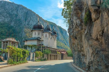 Mrakonya Manastırı, geniş Tuna Nehri 'nin üzerindeki yüksek bir uçurumun eteklerine kurulmuş ve Romanya' da kayalık kıyı boyunca demirlemiş tekneler ve dramatik vadi manzarası görülebilir.