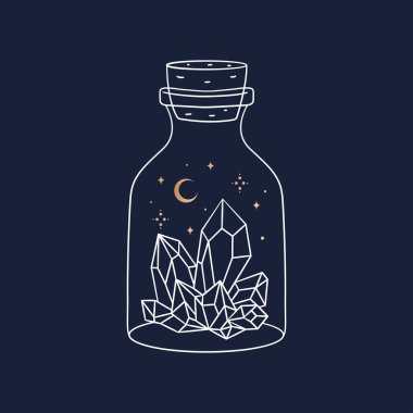 Doğrusal olarak logo şablonu. İçinde kristaller olan ezoterik bir kavanoz. Dövme biçimi illüstrasyonu.