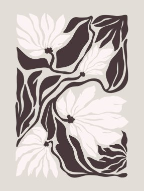 Soyut çiçek posterleri. Modern trend Matisse minimal tarzı. Pastel renkler. Duvar kağıdı, duvar dekoru, baskı, kartpostal, kapak, şablon, pankart için el yapımı tasarım. Vektör illüstrasyonu.