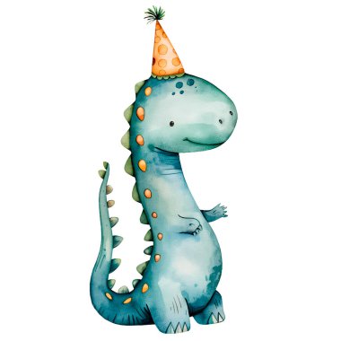 Parti şapkası takan sevimli bir karikatür dinozoru. Çocukların doğum günü teması ve bebek odası dekoru için mükemmel.