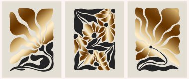 Siyah arka planda altın yaprakları olan üç zarif botanik çizimi. Lüks dekorasyon, davetiyeler, ambalaj, markalaşma ve duvar sanatı için mükemmel. Tropikal ve soyut bitki elementleriyle minimalist ve modern vektör tasarımı. Uygun.