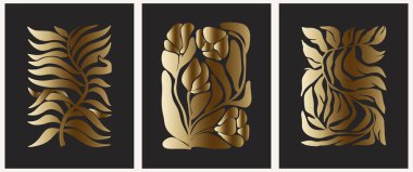 Siyah arka planda altın yaprakları olan üç zarif botanik çizimi. Lüks dekorasyon, davetiyeler, ambalaj, markalaşma ve duvar sanatı için mükemmel. Tropikal ve soyut bitki elementleriyle minimalist ve modern vektör tasarımı. Uygun.