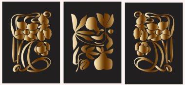 Siyah arka planda altın yaprakları olan üç zarif botanik çizimi. Lüks dekorasyon, davetiyeler, ambalaj, markalaşma ve duvar sanatı için mükemmel. Tropikal ve soyut bitki elementleriyle minimalist ve modern vektör tasarımı. Uygun.