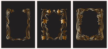 Siyah arka planda altın yaprakları olan üç zarif botanik çizimi. Lüks dekorasyon, davetiyeler, ambalaj, markalaşma ve duvar sanatı için mükemmel. Tropikal ve soyut bitki elementleriyle minimalist ve modern vektör tasarımı. Uygun.