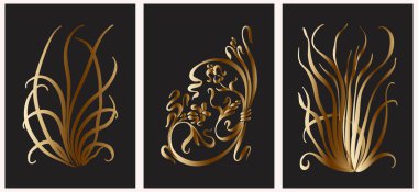 Siyah arka planda altın yaprakları olan üç zarif botanik çizimi. Lüks dekorasyon, davetiyeler, ambalaj, markalaşma ve duvar sanatı için mükemmel. Tropikal ve soyut bitki elementleriyle minimalist ve modern vektör tasarımı. Uygun.