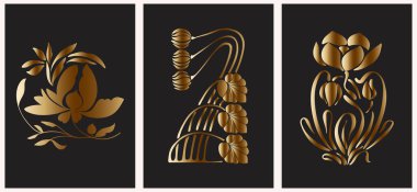 Siyah arka planda altın yaprakları olan üç zarif botanik çizimi. Lüks dekorasyon, davetiyeler, ambalaj, markalaşma ve duvar sanatı için mükemmel. Tropikal ve soyut bitki elementleriyle minimalist ve modern vektör tasarımı. Uygun.