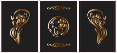 Siyah arka planda altın yaprakları olan üç zarif botanik çizimi. Lüks dekorasyon, davetiyeler, ambalaj, markalaşma ve duvar sanatı için mükemmel. Tropikal ve soyut bitki elementleriyle minimalist ve modern vektör tasarımı. Uygun.