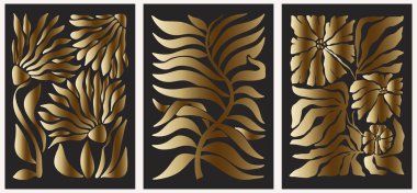 Soyut moda posterleri altın tonlarda çiçekler. Modern moda Minimal tarzı. Duvar kağıdı, duvar dekoru, baskı, kartpostal, kapak, şablon, pankart için el çizimi tasarımı.