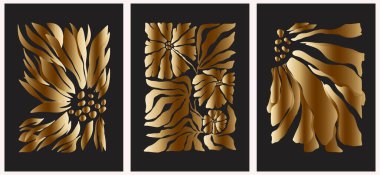 Soyut moda posterleri altın tonlarda çiçekler. Modern moda Minimal tarzı. Duvar kağıdı, duvar dekoru, baskı, kartpostal, kapak, şablon, pankart için el çizimi tasarımı.