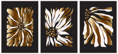 Soyut moda posterleri altın tonlarda çiçekler. Modern moda Minimal tarzı. Duvar kağıdı, duvar dekoru, baskı, kartpostal, kapak, şablon, pankart için el çizimi tasarımı.