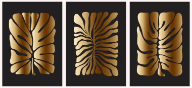 Soyut moda posterleri altın tonlarda çiçekler. Modern moda Minimal tarzı. Duvar kağıdı, duvar dekoru, baskı, kartpostal, kapak, şablon, pankart için el çizimi tasarımı.