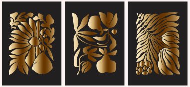 Soyut moda posterleri altın tonlarda çiçekler. Modern moda Minimal tarzı. Duvar kağıdı, duvar dekoru, baskı, kartpostal, kapak, şablon, pankart için el çizimi tasarımı.