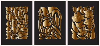 Soyut moda posterleri altın tonlarda çiçekler. Modern moda Minimal tarzı. Duvar kağıdı, duvar dekoru, baskı, kartpostal, kapak, şablon, pankart için el çizimi tasarımı.