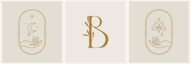 Vektör tasarımı doğrusal anahtar, el ve beslenme logoları modaya uygun en az doğrusal şekilde şablonlar. Göksel ve büyülü soyut küme.