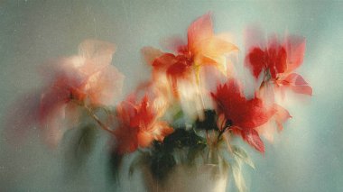 Dreamy abstract photograph of delicate coral pink leaves in soft focus and motion blur. Gentle pastel tones and ethereal movement create a calm, artistic, and minimalist background perfect for modern design, nature-inspired prints, and wellness