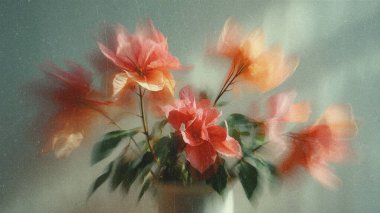 Dreamy abstract photograph of delicate coral pink leaves in soft focus and motion blur. Gentle pastel tones and ethereal movement create a calm, artistic, and minimalist background perfect for modern design, nature-inspired prints, and wellness