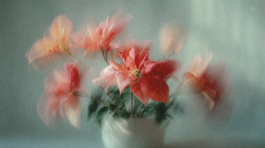 Dreamy abstract photograph of delicate coral pink leaves in soft focus and motion blur. Gentle pastel tones and ethereal movement create a calm, artistic, and minimalist background perfect for modern design, nature-inspired prints, and wellness