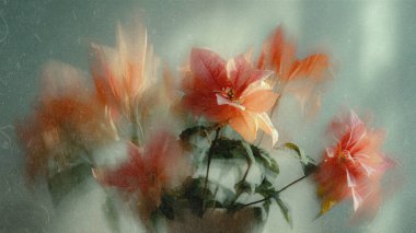 Dreamy abstract photograph of delicate coral pink leaves in soft focus and motion blur. Gentle pastel tones and ethereal movement create a calm, artistic, and minimalist background perfect for modern design, nature-inspired prints, and wellness