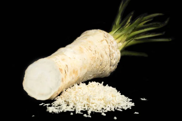 Horseradish Root Grated Horseradish Black Background Closeup Organic Food Herb — Stock Photo, Image