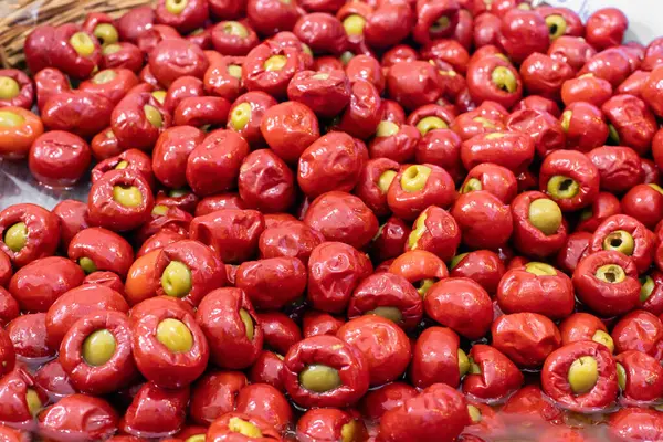 Stuffed Cherry Peppers Marinated Closeup Food Background Organic Food Vegetarian — Foto de Stock