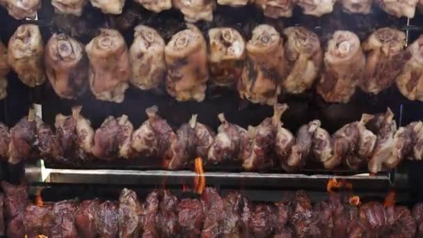 Cañas Cerdo Parrilla Primer Plano Picnic Aire Libre Cocinar Parrillas — Vídeo de stock