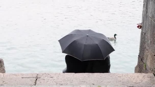 一对年轻人坐在湖岸的一把黑色雨伞下 后视镜 窥视镜框 高质量的4K镜头 — 图库视频影像