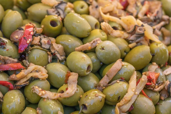 Pitted Olives Closeup Italian Food Campagnola Green Olives Food Background — Foto de Stock