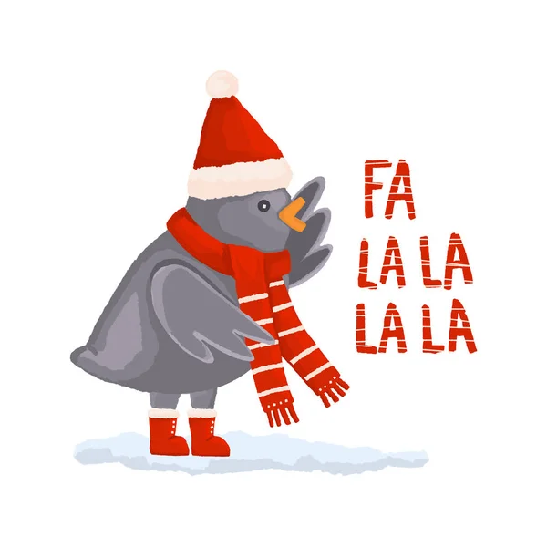 Illustration of a cute bird singing Fa la la la. Birdie singing Christmas songs in a red scarf and hat. Isolated on white