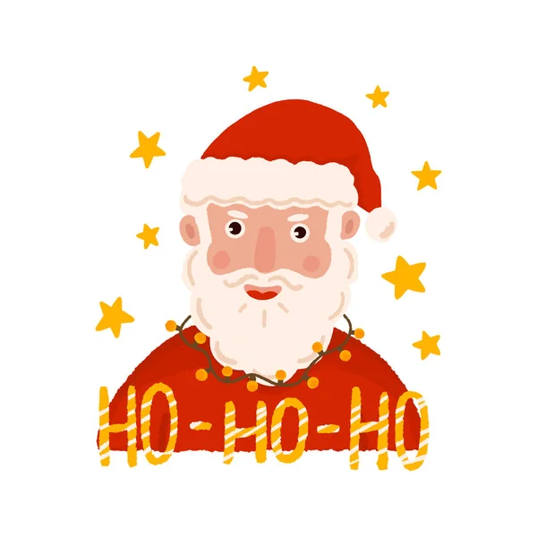 Ręcznie Narysowana Zabawna Ilustracja Świętego Mikołaja Śmiejącego Się Girlandą Gwiazdami — Zdjęcie stockowe