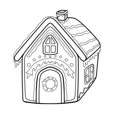 Noel kurabiyeleri zencefilli ekmek ev vektör boyası şeklinde. El yapımı şeker ve ikramlar. Noel boyama sayfası zencefilli ekmek