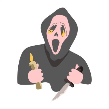 Maskeli hayalet. Ürkütücü Çığlık. Cadılar Bayramı kostümü elinde mum ve hançerle çığlık atan bir şeytan. Düz vektör illüstrasyonu.