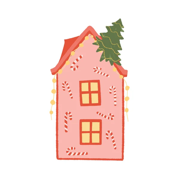 stock image Cozy Christmas house with a Christmas tree on the roof. Garlands, candy cane, falling snowflakes. Christmas card. Hand drawn illustration isolated on white.