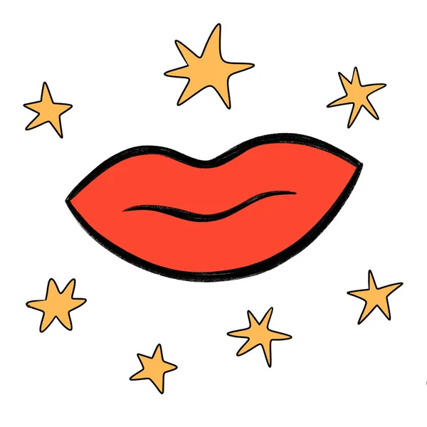 Red Lips Stars Valentine Day Hand Drawn Illustration Card Poster — Foto Stock