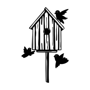 Cozy House for Birds. Wooden birdhouse with birds. Coloring book. Spring vector doodle illustration, hand drawn on transparent background