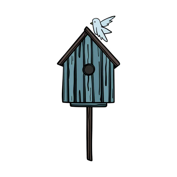 Colorful Wooden Birdhouse Bird Cozy Bird House Spring Vector Doodle — Stok Vektör
