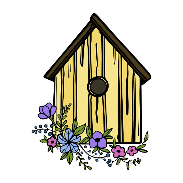 Colorful Cozy Wooden Birdhouse Flowers — Vector de stock