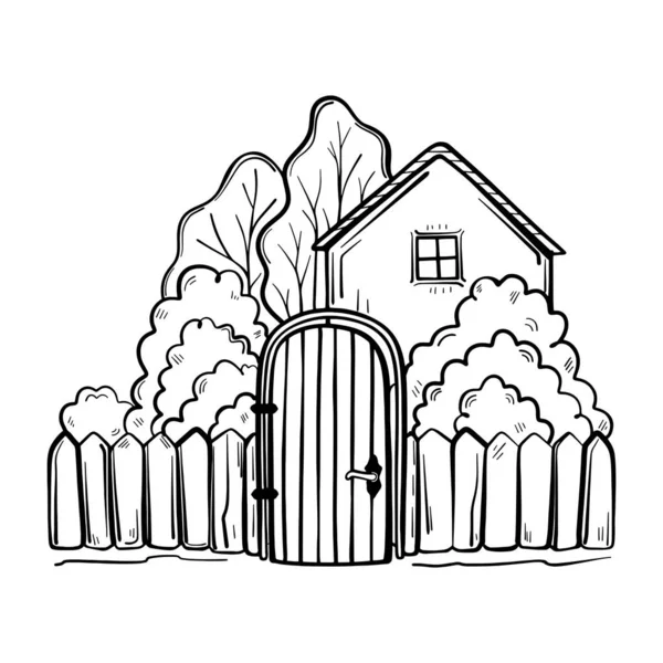 Landscape Country House Village House Woods Fence Outline House Architecture — Vettoriale Stock