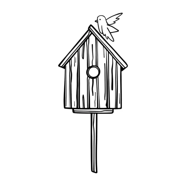 Wooden Birdhouse Bird House Birds Coloring Book Spring Vector Doodle — Vettoriale Stock
