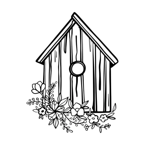 House Birds Wooden Birdhouse Flowers Coloring Book Spring Vector Doodle — Vettoriale Stock