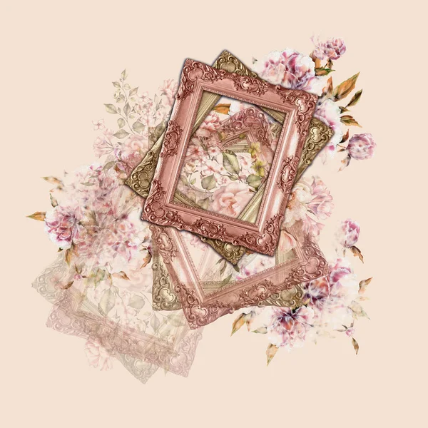 frame detailed, watercolor flower drawing, scarf pattern design
