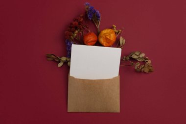 Composition of Dried Flowers on Craft Envelope Letter Mockup with Blank White Paper on Red Background