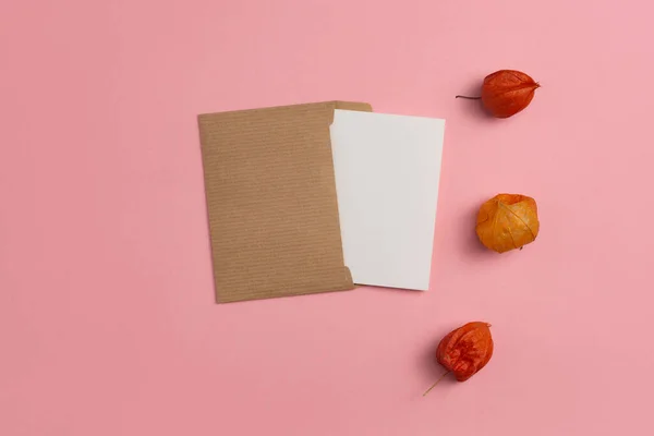 Mockup of a card made of eco-friendly materials and decorated with a composition of orange Physalis on a pink background