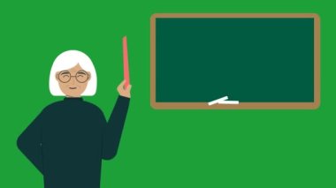 Old female tutor teaching pupils. 4K animated character animation on green screen with wooden board. teaching stock video footage. old professor with stick
