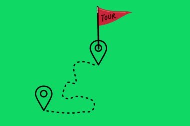 Tourist animated video. map with pinned location and the red flag moving. green screen. 4K quality
