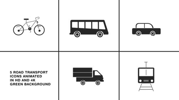 Анимированные Иконки Дорожного Транспорта Включая Автобус Велосипед Автомобиль Фургон Поезд — стоковое видео