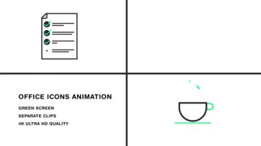 Ofis simgeleri animasyon klipleri, sıcak kahve, ofis çantası ve işaretli belge, yeşil ve siyah kombinasyon, pürüzsüz ofis simgeleri