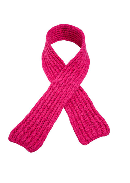 Pink bright knitted scarf on a white background.